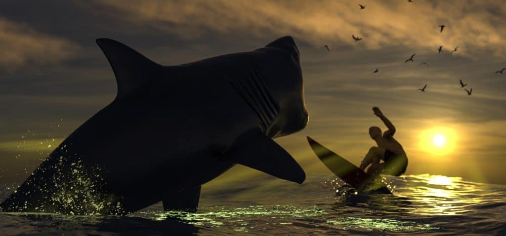 Surfer is confronting a white shark and in shock after seeing the danger in front of him 3d rendering